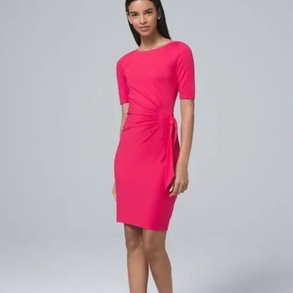 NEW White House Black Market Hot Pink Boatneck Gathered Knit Sheath Dress Sz XS